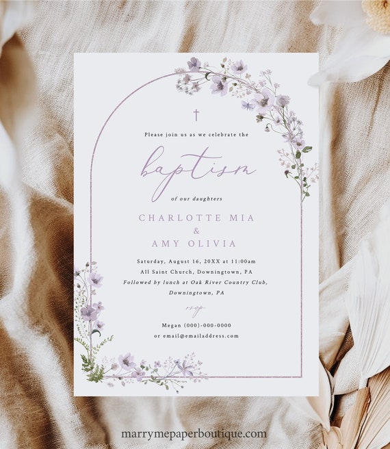 Family Baptism Invitation Template, Rustic Lavender Flowers Arch, Editable, Twins  Baptism Invitation Card, 5x7, Templett INSTANT Download