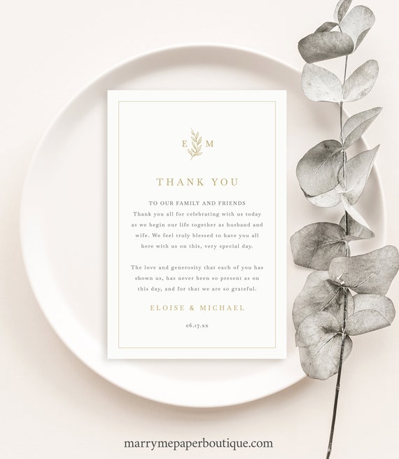 Thank You Letter Template, Leaf Monogram Gold, Wedding Thank You Note, Printable, Editable, 4x6, Printable, Templett INSTANT Download