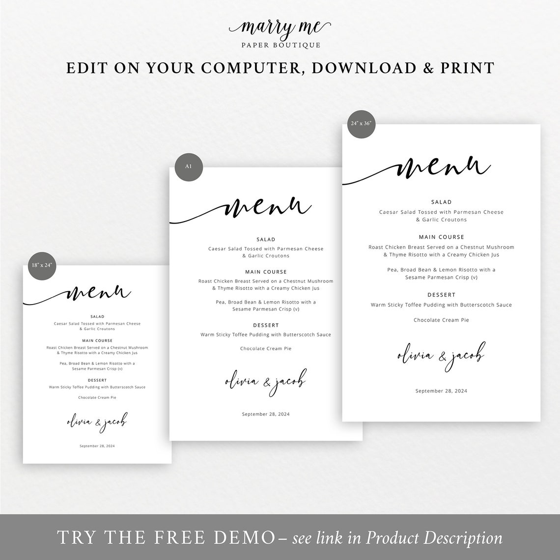 Menu Sign Template Modern Calligraphy Large Wedding Menu - Etsy