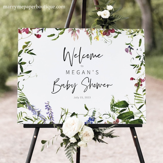 Baby Shower Welcome Sign Template, Summer Garden Greenery, Baby Shower Sign, Printable, Girl or Boy, Templett INSTANT Download, Editable