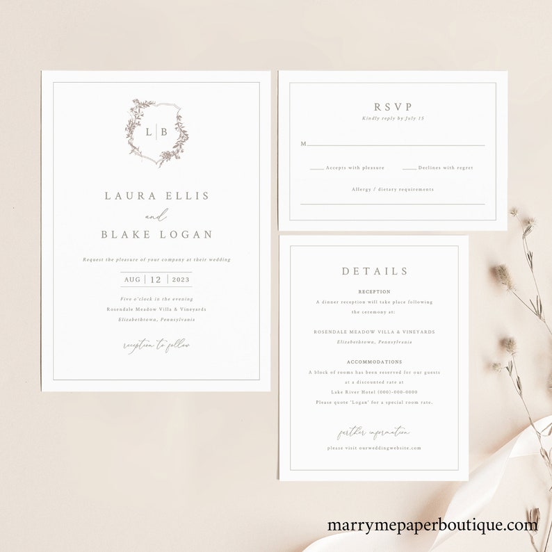 Wedding Invitation Template Set, Botanical Crest, Printable Wedding Invitation Suite, Fully Editable, Templett INSTANT Download 