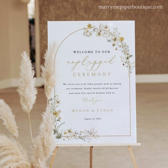 Unplugged Ceremony Sign Template, Rustic Yellow Flowers Arch, Editable, Unplugged Wedding Sign, Printable, Templett INSTANT Download