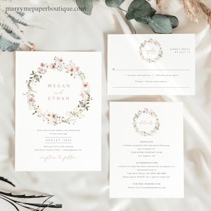 Wedding Invitation Template Set, Rustic Pink Flowers, Editable Wedding Invite Suite, RSVP & Details, Printable, Templett INSTANT Download