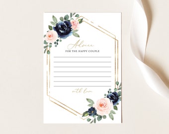 Advice Card Template, Navy & Blush Floral, Printable Wedding Advice Card, Elegant, Editable, Templett INSTANT Download