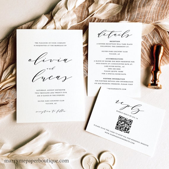 Wedding Invitation Template Suite, Elegant Calligraphy, QR Code RSVP, Printable, Editable Wedding Invitations, Templett INSTANT Download
