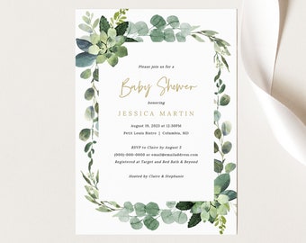 Lush Greenery Baby Shower Invitation Template, Printable Baby Shower Invite Card, Editable, Templett, INSTANT Download