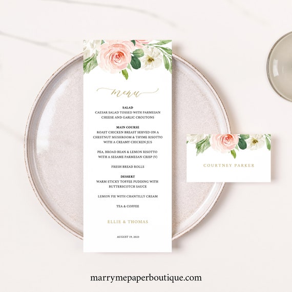 Wedding Menu with Name Card Template, Blush Pink Floral, Table Menu Card Template, Name Card Printable, Editable, Templett INSTANT Download