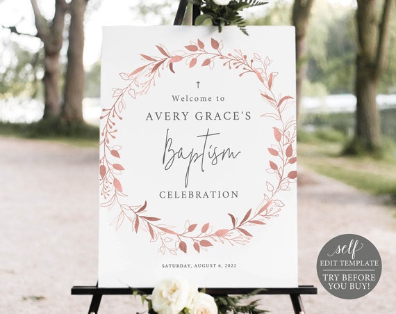 Baptism Welcome Sign Template, Order Edit & Download In Minutes, Try Before Purchase, Rose Gold Wreath