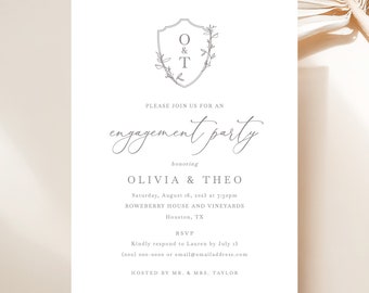 Engagement Party Invitation Template, Elegant Crest & Monogram, Printable, Engagement Party Invite, Editable, Templett INSTANT Download