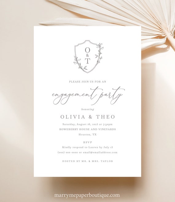 Engagement Party Invitation Template, Elegant Crest & Monogram, Printable, Engagement Party Invite, Editable, Templett INSTANT Download