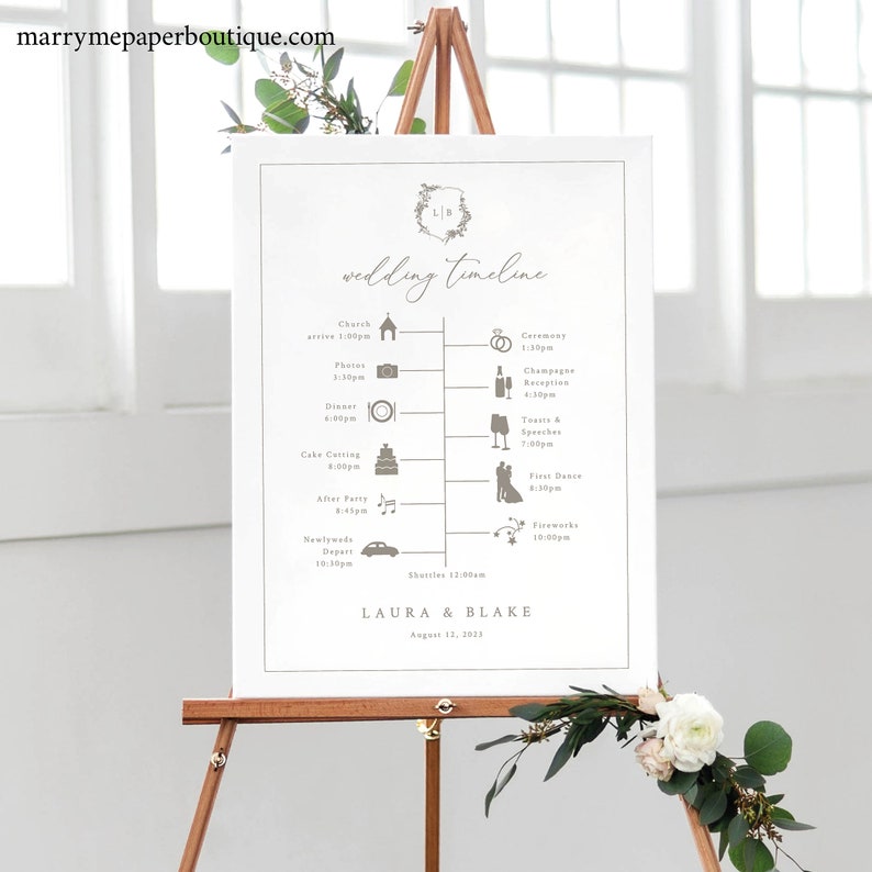 Wedding Timeline Sign Template, Botanical Wedding Crest, Itinerary Sign, Printable, Editable Order of Events Sign, Templett INSTANT Download image 2