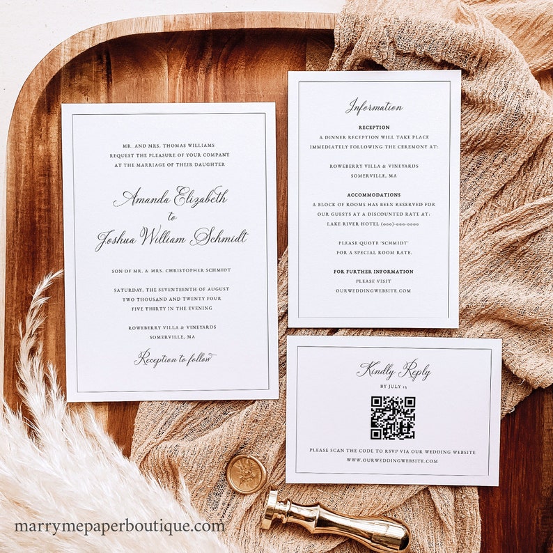 Wedding Invitation Template Set, Traditional Wedding Calligraphy, Border, Editable QR Code RSVP Reply, Printable, Templett INSTANT Download image 1