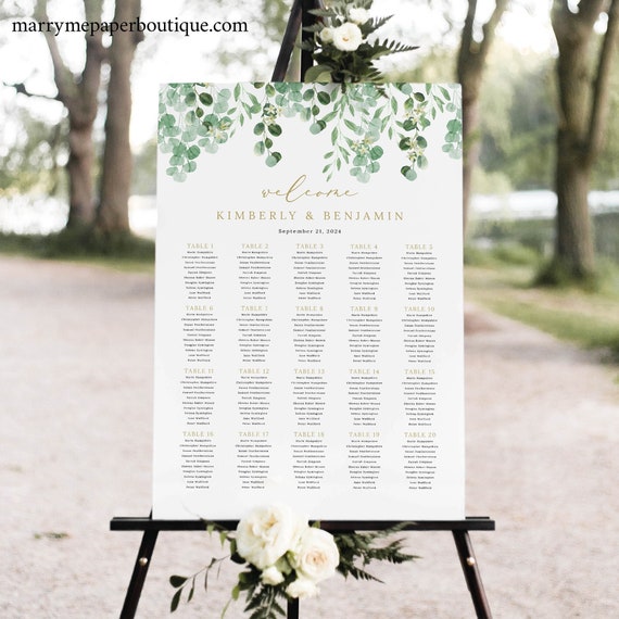 Wedding Seating Chart Template, Garden Greenery, Editable, Greenery Seating Plan Sign, Seating Chart Poster, Templett INSTANT Download