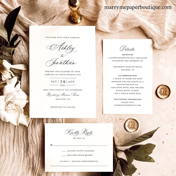 Wedding Invitation Template Set, Classic & Traditional, Editable Wedding Invitation, Printable, RSVP, Details, Templett INSTANT Download