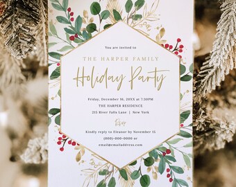 Holiday Party Invite Card Template, Green Leaf & Red Berries, Printable, Editable, 5x7 Christmas Party Invitation, Templett INSTANT Download