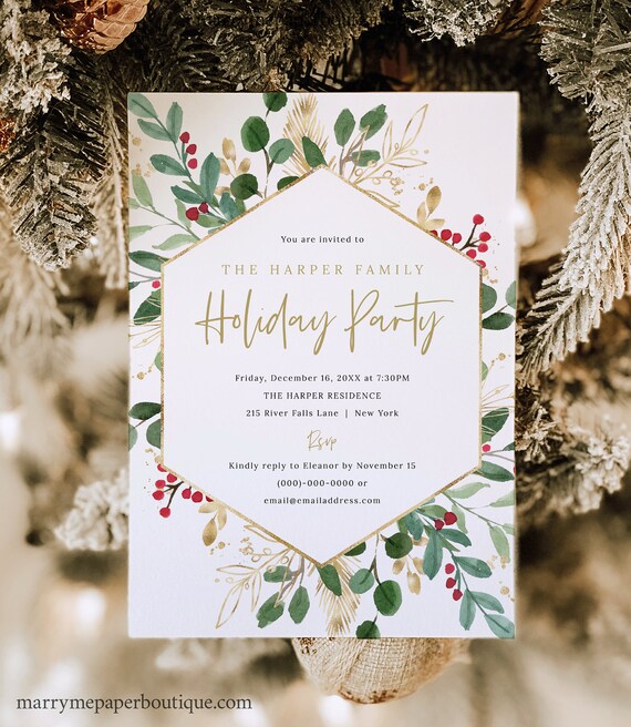 Holiday Party Invite Card Template, Green Leaf & Red Berries, Printable, Editable, 5x7 Christmas Party Invitation, Templett INSTANT Download