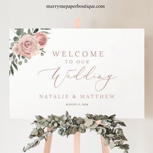 Wedding Welcome Sign Template, Dusky Pink Floral, Printable, Welcome To Our Wedding Sign, Editable, Templett INSTANT Download, Horizontal