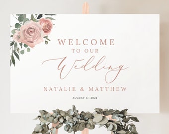 Wedding Welcome Sign Template, Dusky Pink Floral, Printable, Welcome To Our Wedding Sign, Editable, Templett INSTANT Download, Horizontal