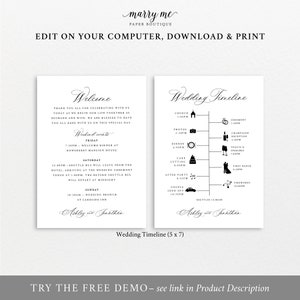 Wedding Welcome & Itinerary Card Template, Traditional Classic Calligraphy, Editable, Wedding Timeline, Printable, Templett INSTANT Download image 3