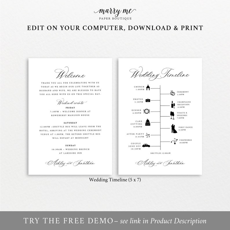 Wedding Welcome & Itinerary Card Template, Traditional Classic Calligraphy, Editable, Wedding Timeline, Printable, Templett INSTANT Download image 3