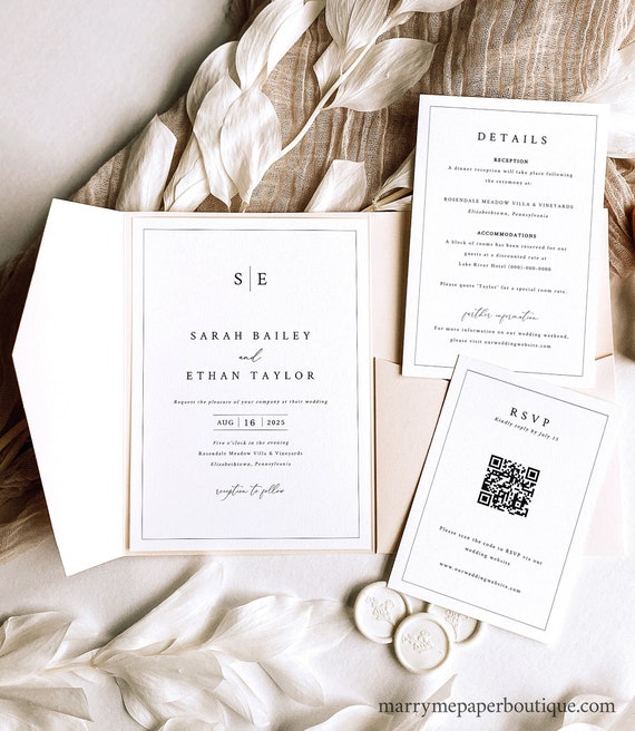 Wedding Invitation Templates, Minimalist Wedding Monogram, Pocketfold Design, Editable, QR Code RSVP, Printable, Templett Instant Download