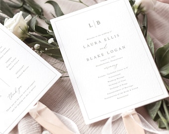 Wedding Program Fan Template, Elegant Monogram & Border, Wedding Fan Program, Printable,  Editable, Templett INSTANT Download