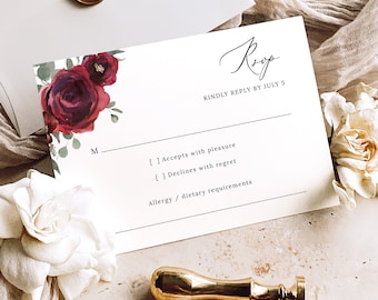 RSVP Card Template, Elegant Burgundy Floral, Editable, Burgundy Wedding RSVP Reply Card, Burgundy Flower RSVP, Templett Instant Download