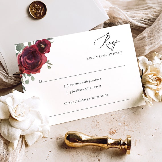 RSVP Card Template, Elegant Burgundy Floral, Editable, Burgundy Wedding RSVP Reply Card, Burgundy Flower RSVP, Templett Instant Download