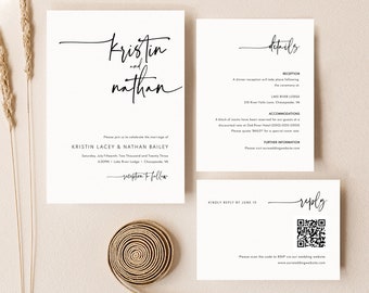 Wedding Invitation Template Set, Minimalist Classic, QR Code RSVP & Details Card, Printable, Editable Suite, Templett INSTANT Download