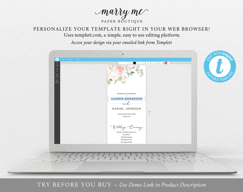 Blush Pink Floral Wedding Program Template Fully Editable Instant Download TRY BEFORE You BUY