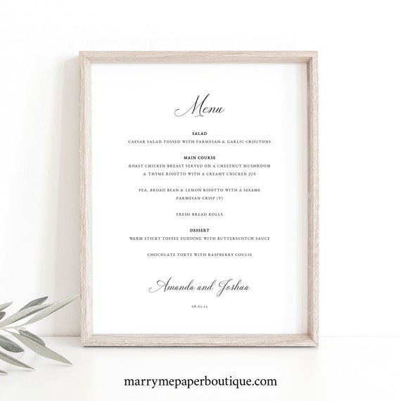 Wedding Menu Sign Template, Traditional Wedding Calligraphy, Wedding Table Menu Sign, Printable, Editable, 8x10, Templett INSTANT Download