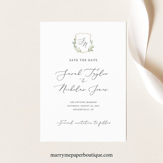 Save the Date Card Template, Greenery Wedding Crest, Calligraphy, Printable Save Our Date, Editable, Templett INSTANT Download