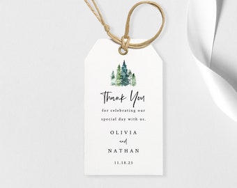 Pine Forest Favor Tag Template, Printable Wedding Gift Tag, Rustic Pine Trees, Editable, Templett, INSTANT Download