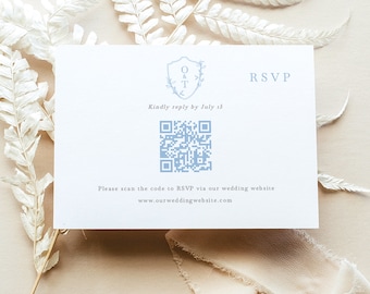 RSVP Card Template, Light Blue Crest & Monogram, Editable QR Code RSVP Enclosure Card, Printable, Reply Card, Templett Instant Download