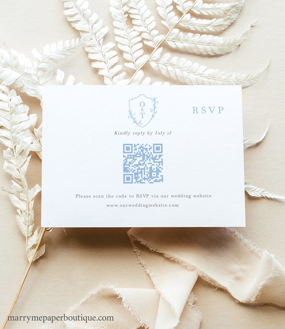 RSVP Card Template, Light Blue Crest & Monogram, Editable QR Code RSVP Enclosure Card, Printable, Reply Card, Templett Instant Download