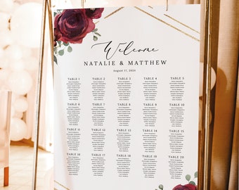 Wedding Seating Plan Template, Elegant Burgundy Floral, Burgundy Seating Sign, Printable, Editable Seating Chart, Templett INSTANT Download