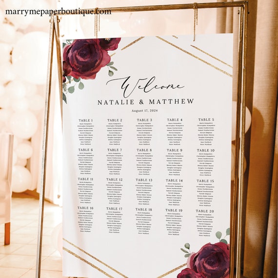 Wedding Seating Plan Template, Elegant Burgundy Floral, Burgundy Seating Sign, Printable, Editable Seating Chart, Templett INSTANT Download
