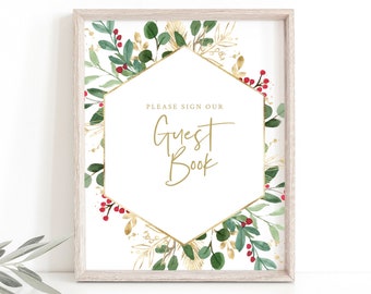 Guest Book Sign Template, Winter Wedding, Please Sign Our Guestbook Sign, Editable, Christmas Wedding, Printable, Templett INSTANT Download