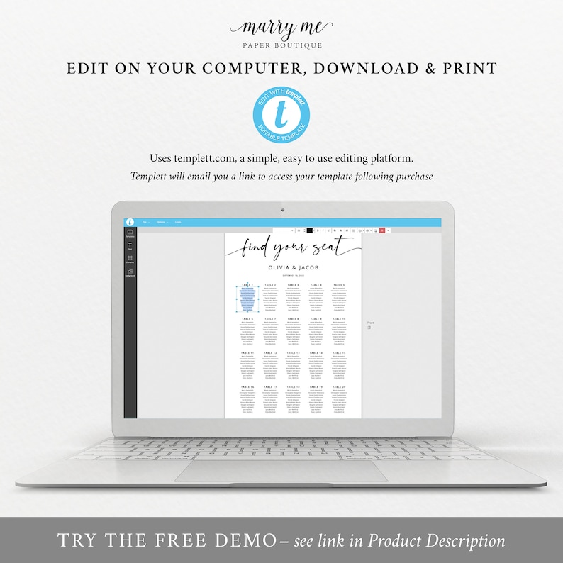 Wedding Seating Plan Template, Modern Calligraphy, Seating Chart Printable, Portrait, Templett INSTANT Download, Editable image 4
