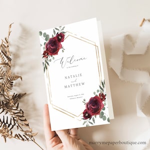 Folded Wedding Program Template, Elegant Burgundy Floral, Editable Wedding Ceremony Program, Printable, Folded, Templett INSTANT Download