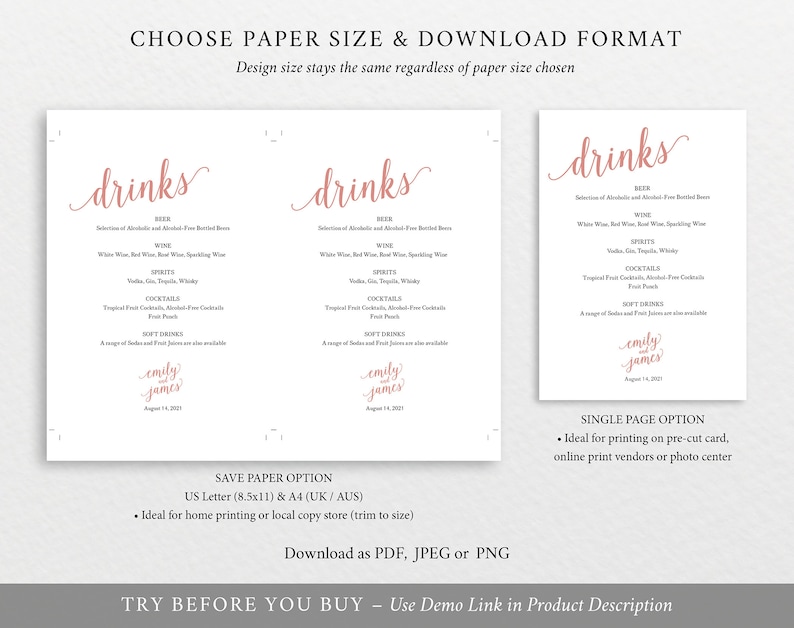 Instant Download Printable Wedding Rose Gold Drinks Menu Editable Rose Gold Menu Rose Gold Wedding Drinks Menu Template