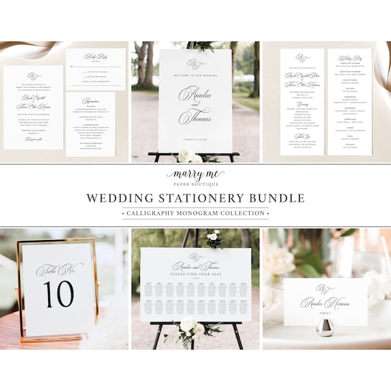 Wedding Bundle Template Set, Traditional Wedding, Calligraphy Monogram, Wedding Stationery Bundle Printables, Templett INSTANT Download