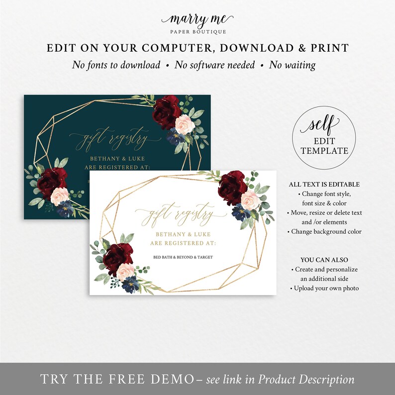 Wedding Registry Card Template Printable Editable Instant | Etsy