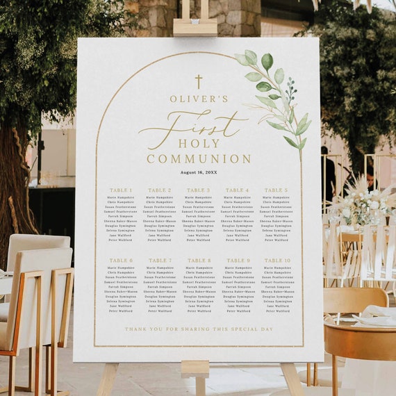 First Communion Seating Plan Template, Greenery Arch, Greenery First Holy Communion Seating Poster Sign, Templett INSTANT Download