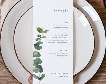 Personalizable Guest Menu Template, Elegant Eucalyptus, Printable, Editable Menu, Eucalyptus Wedding Menu Card, Templett INSTANT Download