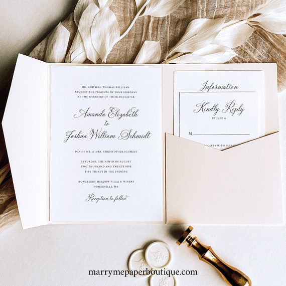 Elegant Wedding Invitation Template Set, Pocket Fold, Traditional, Wedding Invite Suite, Printable, Templett INSTANT Download, Calligraphy