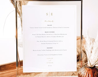 Wedding Menu Sign Template, Minimalist Wedding Monogram, Gold, Editable Menu Sign, Printable, 8x10 Table Menu, Templett INSTANT Download