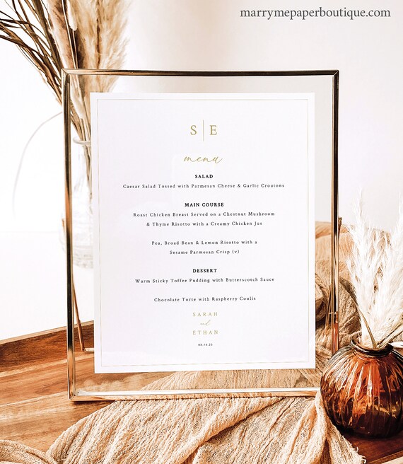 Wedding Menu Sign Template, Minimalist Wedding Monogram, Gold, Editable Menu Sign, Printable, 8x10 Table Menu, Templett INSTANT Download