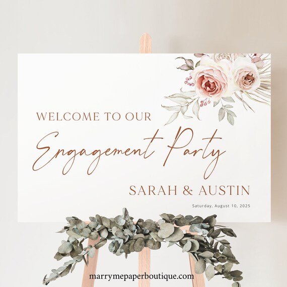 Engagement Party Welcome Sign Template, Floral Boho, Editable, Boho Engagement Party Sign Template, Printable, Templett INSTANT Download