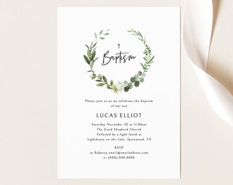 Baptism Invitation Template, Elegant Greenery Invite Printable, Templett Instant Download, Try Before Purchase